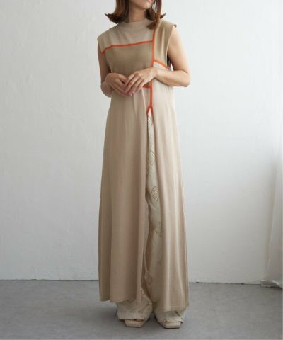 麻タッチ配色スリットワンピース
