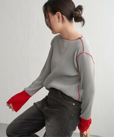 プリーツ加工配色袖トップス