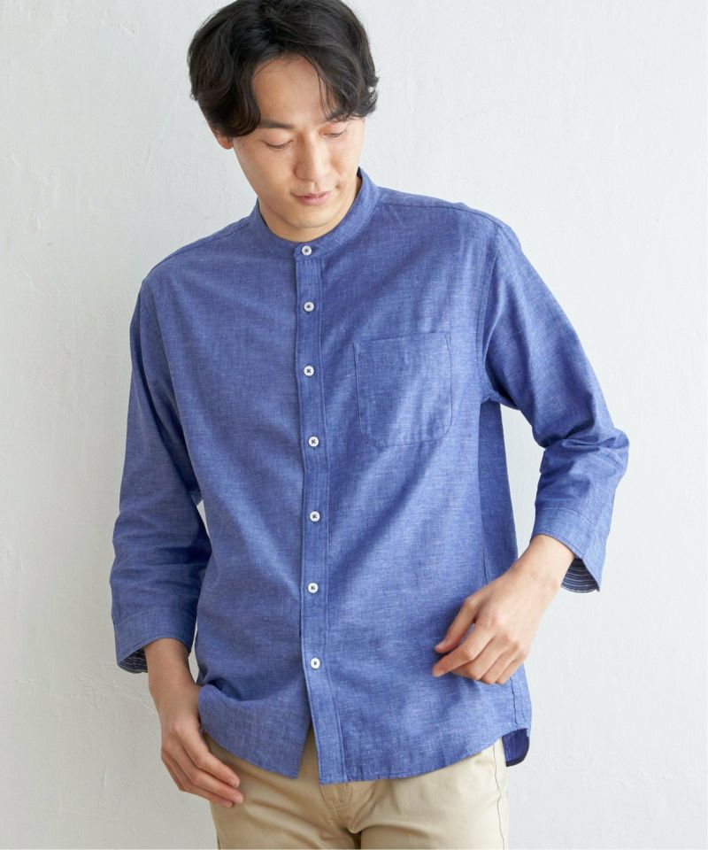 カスリラ。備後織物、藍染シャツカラー、チュニック。7分袖。 カスリラ。備後織物、藍染シャツカラー、チュニック。7分袖。
